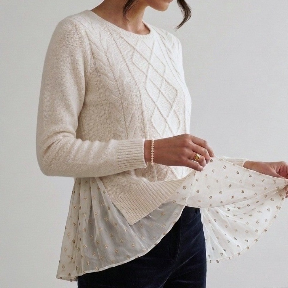 Maille Clu Sweater Women Size S Cream Cable Knit Ruffle Chiffon Layered cashmere